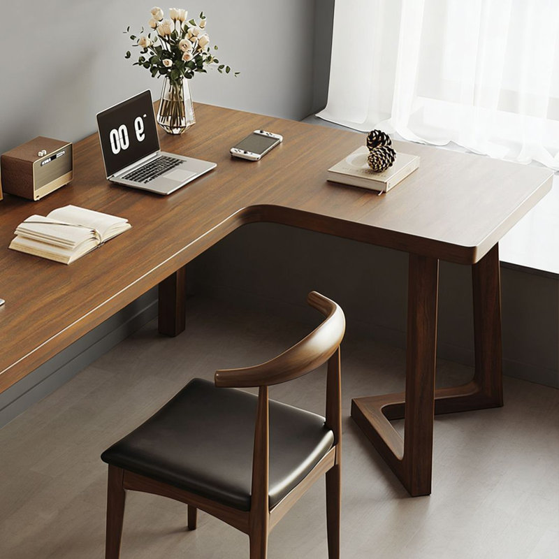 Nut-brown L-Shaped Solid Wood writing desk, 29.53" H x 62.99" W x 47.24" D, Right Hand Return
