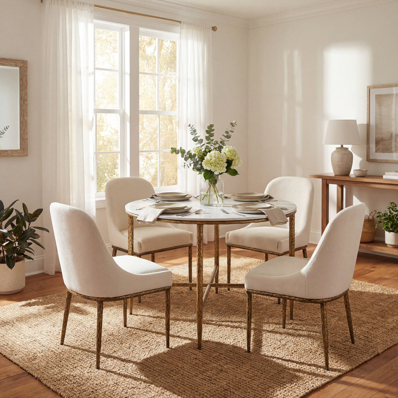 Fernand 5-Piece Dining Table Set With Sintered Stone Top & Upholstered Chairs, Forged Brass, Beige/Forged Brass