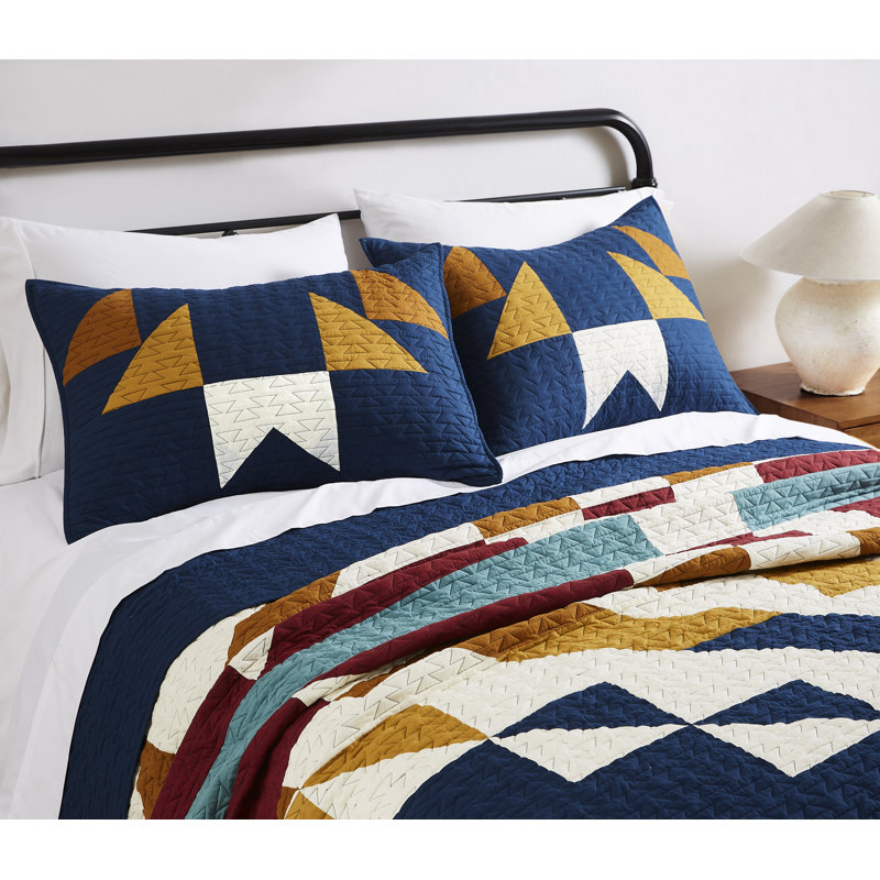 Navy Cotton Full Quilt Set with Geometric Pattern