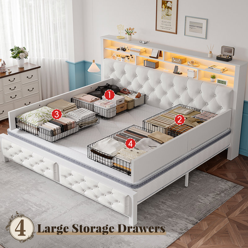  Upholstered Bed with Wood Frame, 4 Storage Drawers, Modern Bed Frame with Charging Station & LED Lights, Headboard Included,King/Beige