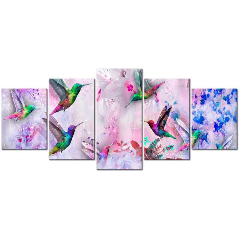 Colourful Hummingbirds - 5 Piece Wrapped Canvas Print, 50 cm H x 100 cm W, Violet