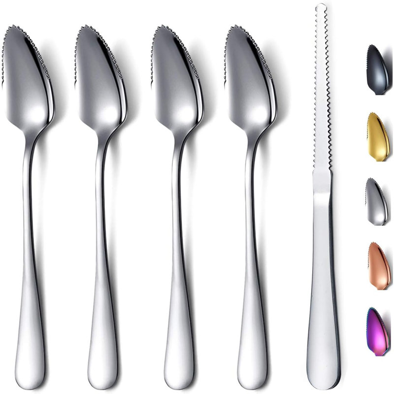 Ensemble de 5 cuillères à pamplemousse, 4 cuillères en acier inoxydable et 1 couteau avec placage en titane, paquet de bords dentelés (argent)