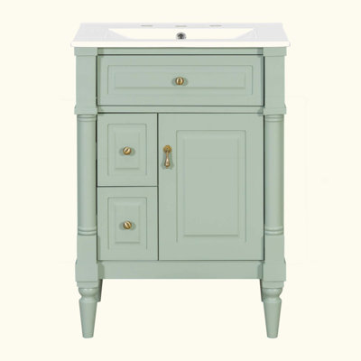 Meuble-lavabo avec lavabo, armoire de salle de bain autoportante avec tiroir rabattable, tablette réglable, structure en bois d'hévéa massif, panneaux de fibres à densité moyenne et poignées en métal