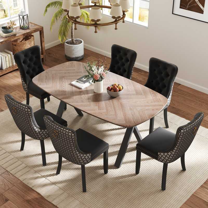 Rectangle Dining Set with Tufted Dining Chair, Black/Beige, 29.5"H x 71"L x 35.4"W