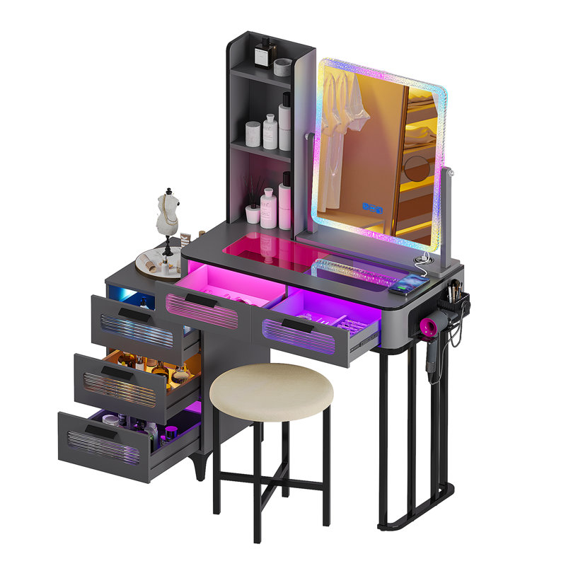Dressing Table with Human Sensor RGB Lights, Tempered Glass Top, and Quick-Charging Station, Grey/Black