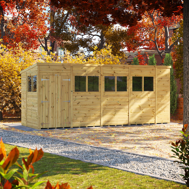 Powersheds 18 x 6ft Premium Pressure Treated Timber Pent Garden Shed, Double Doors