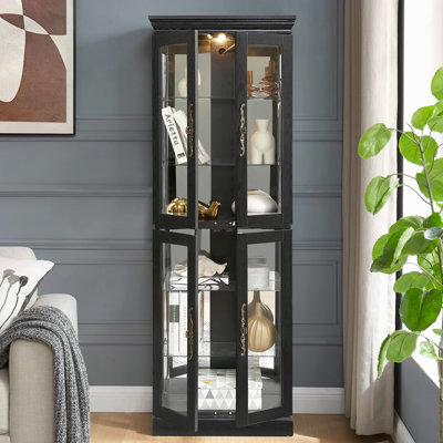 Elegant Lighted Glass Curio Display Cabinet - Wooden Frame Storage For Living Room, Kitchen & Pantry - Includes Light Bulb - Ideal For Wine, Toys & Collectibles