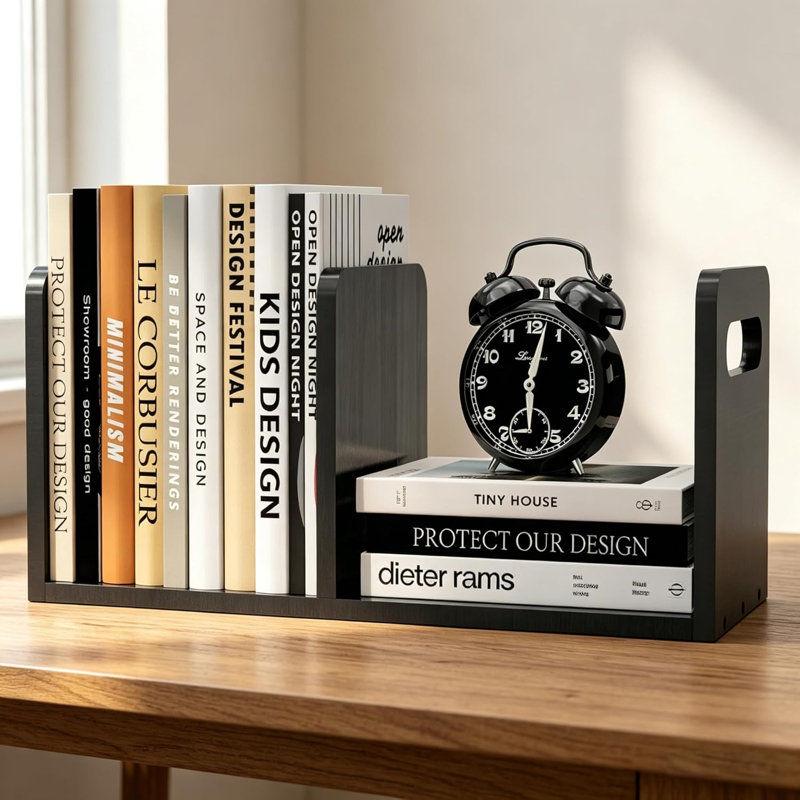 Bibliothèque de bureau réglable 100% en bois massif avec séparateur mobile, bibliothèque de table rétro avec poignée pratique pour le salon, la maison, le bureau, parfaite pour le livre de magazines (noir)