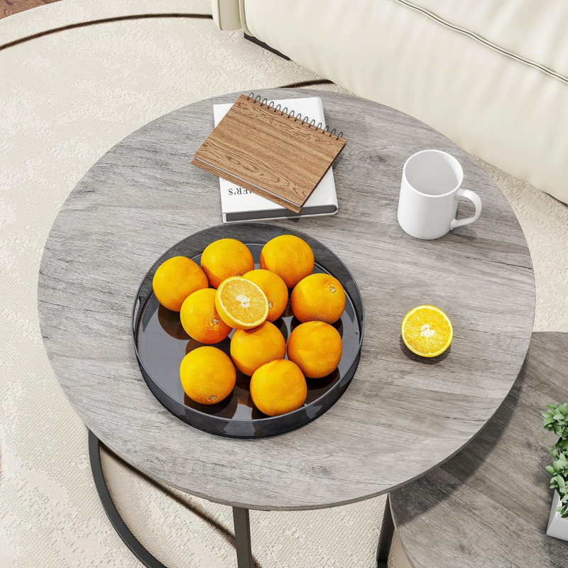 Nesting Round Coffee Table Set Of 2 End Tables For Living Room,Grey Coffee Table Wooden Accent Furniture With Metal Frame,Stacking Side Tables,Black+Warm Grey