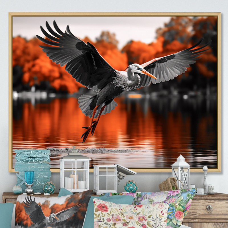 Décoration murale orange orange héron gracieux en automne IV - animaux, H 24 po x l 32 po x P 1 po, Cadre naturel flottant
