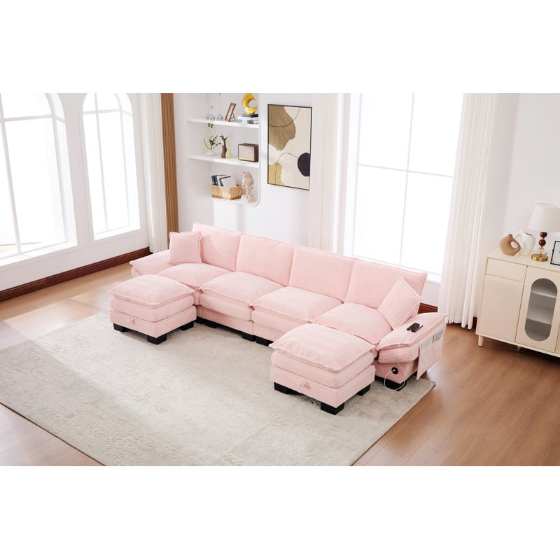Canapé modulaire modulaire avec siège profond, ports USB pour salon, appartement, bureau, 129.92" W, Pink Corduroy