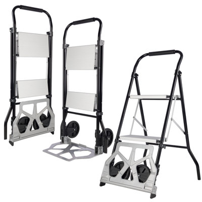 2-in-1 Stepladder and Foldable Hand Truck Dolly Cart with Wheels - Convertible Collapsible Dolly and 2 Step Ladder Folding Step Stool for Kitchen, Warehouse, Garage, Office, or Home