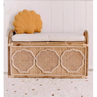 Banc de rangement scandinave en rotin tissé à la main avec coussin