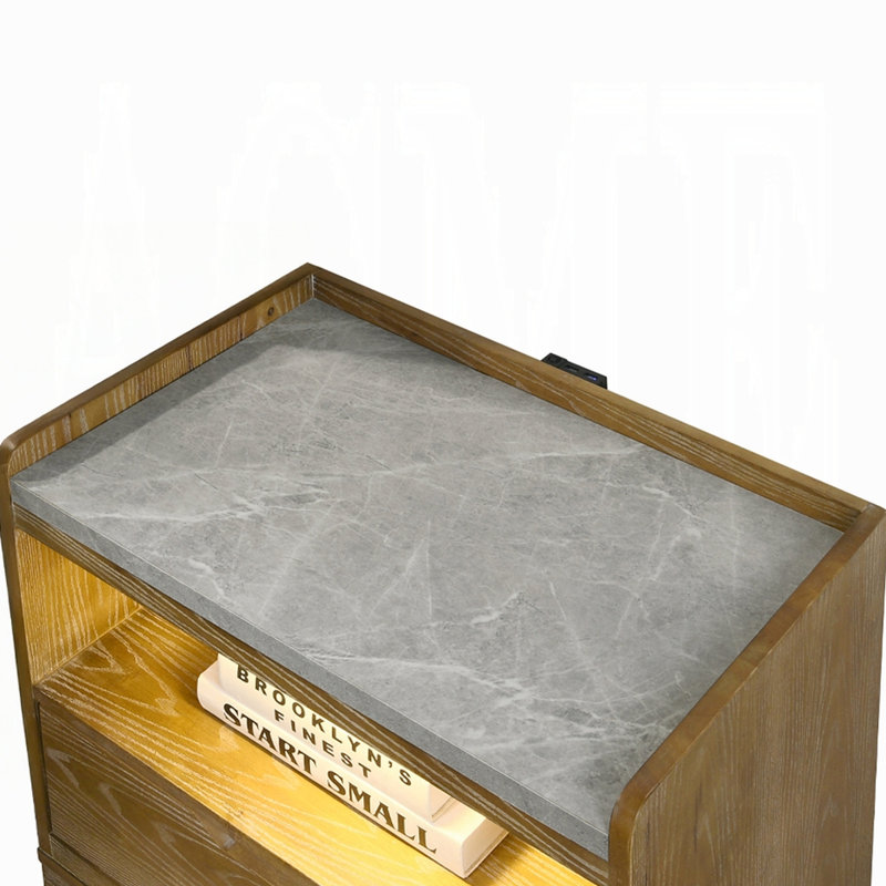 Nightstand In Brown Finish, Led , 1 Drawer, Ports And Open Shelf Transitional Style For Bedroom