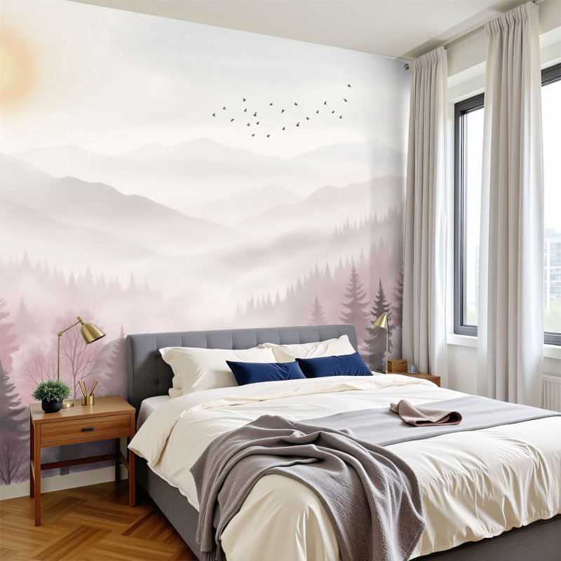 Papier peint adhésif peler et coller Serene Misty Mountain Landscape Sun Forest Silhouettes Soft Pastel Wall Wallals