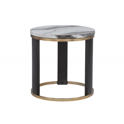 24" Round Icelandic Ivory Faux Marble End Table, Living Room Sofa Side Table with Gold Accent, Brown/Gold