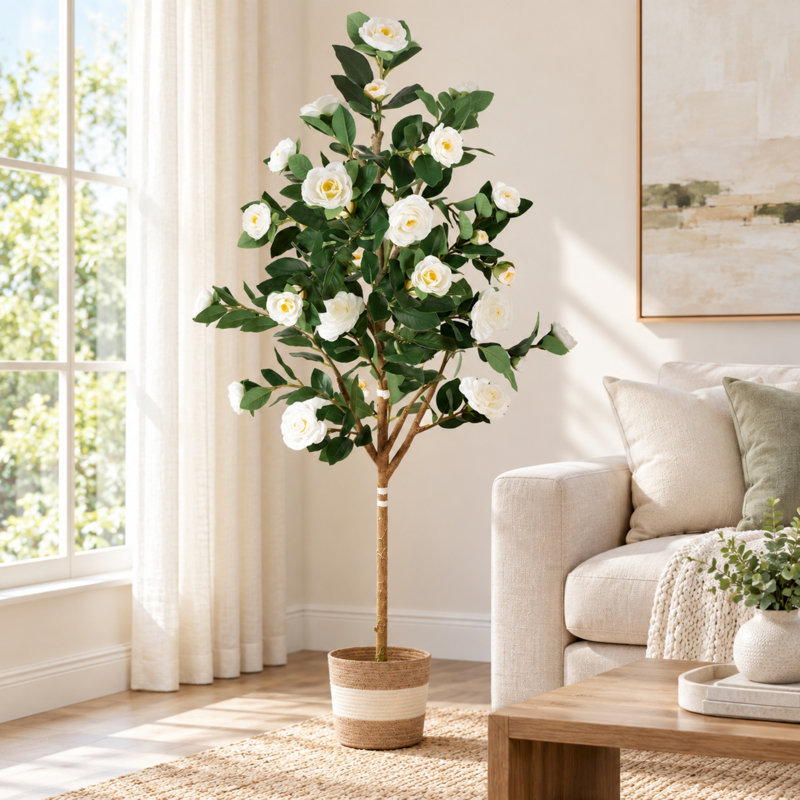 Arbre de camélia artificiel, plante en pot pour décoration de porche intérieur