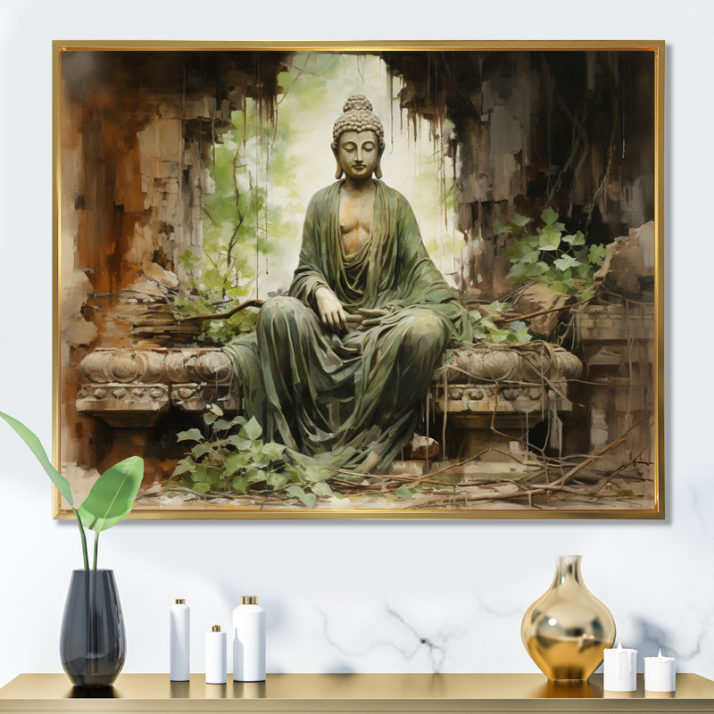 Thailande, ruines de Bouddha, art mural, Cadre flottant doré, H 24 po x l 32 po x P 1 po