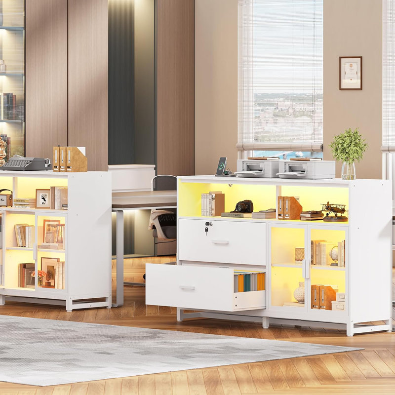 Mandip 59" File Cabinet, 2 Drawers Filing Cabinets Printer Stand With Storage & Led Lights, White