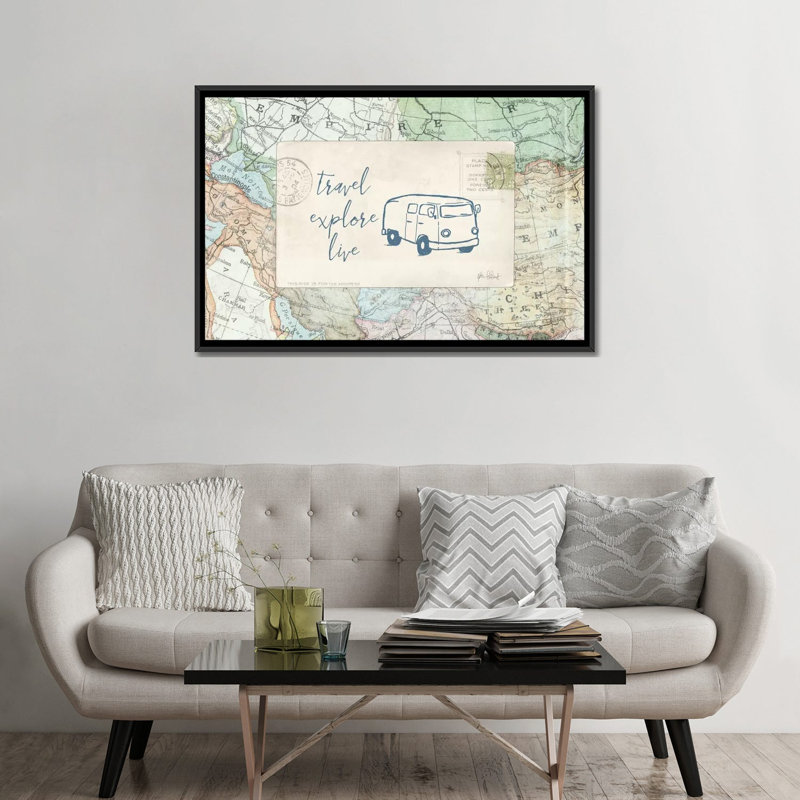 «Travel Posts II», impression sur toile, H 32 po x l 48 po x P 1,5 po, Toile avec cadre noir, Pas de tapis