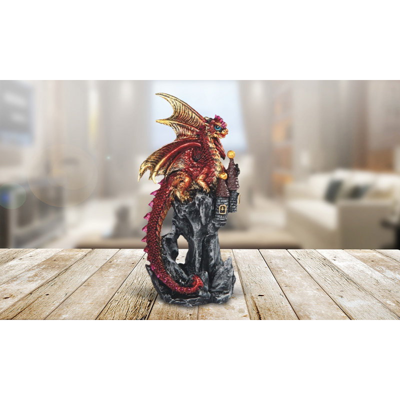 4.75"H Red Volcano Dragon on Castle Figurine
