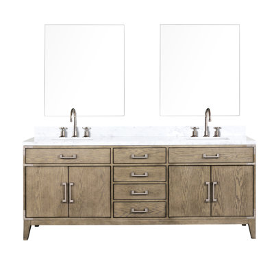 80 po Large meuble-lavabo double en chêne gris avec comptoir en marbre, robinet et 36 miroirs coiffants avec comptoir, P 22 po