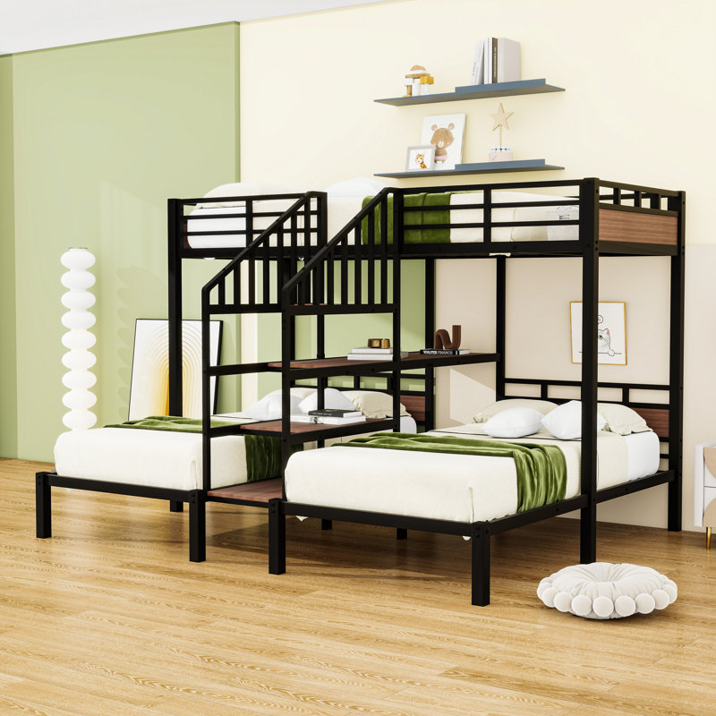 Triple Metal Bunk Bed With Storage Shelves And Stairs, Twin Over Twin/Twin