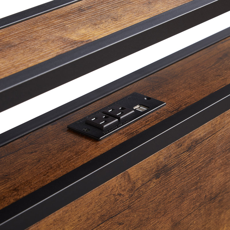 Base de lit plateforme en métal avec tête de lit et pied de lit en bois avec port USB, lumières DEL, pas de sommier, grand rangement sous le lit, assemblage facile