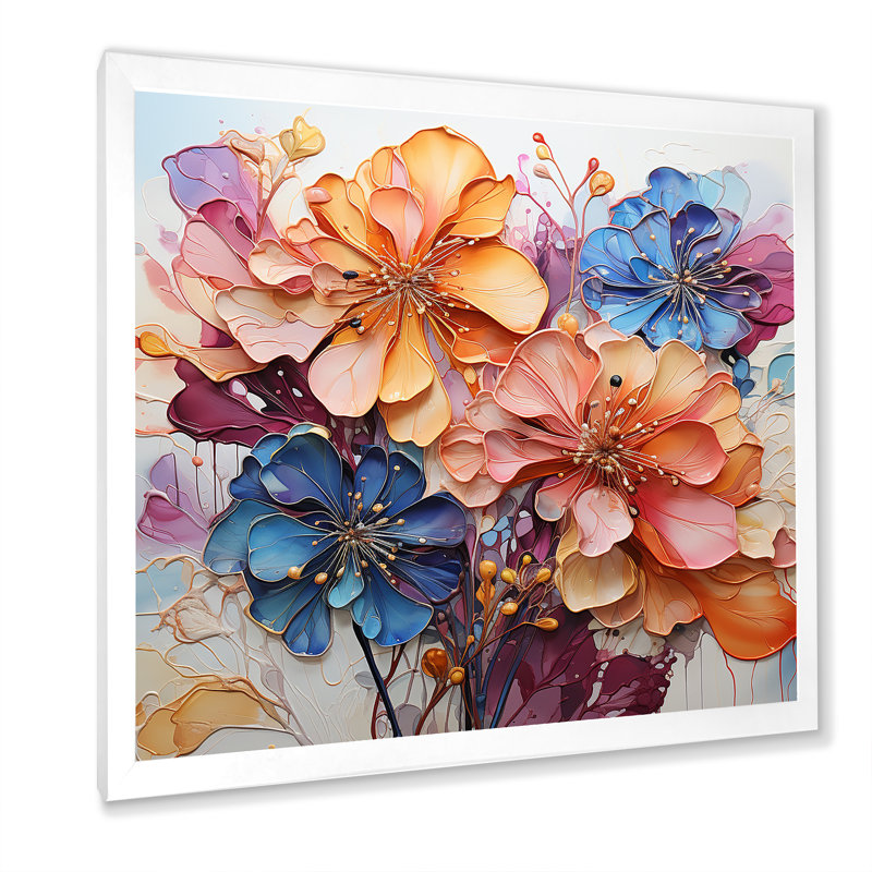 Hortensia bleue et orange sur toile, Cadre simple blanc, H 36 po x l 36 po x P 1,5 po