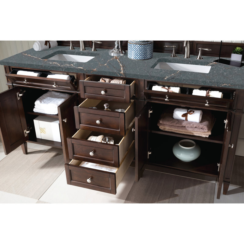 Brittany 72" W Double Vanity, Burnished Mahogany, 8" Widespread, Parisien Bleu