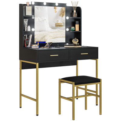 Abdurrhman Makeup Vanity Desk Set with Lighted Mirror Stool Drawers