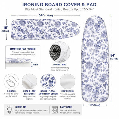 Floral Ironing Board Cover and Pad, Heat-Resistant Cotton Cover with Thick Felt Padding, Standard Replacement Cover for Boards up to 15" x 54"