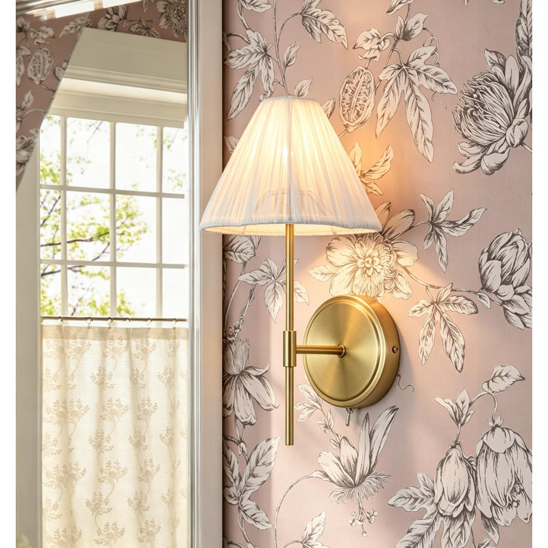 1 - Light Brushed Gold Wall Light with Linen Scalloped Shade