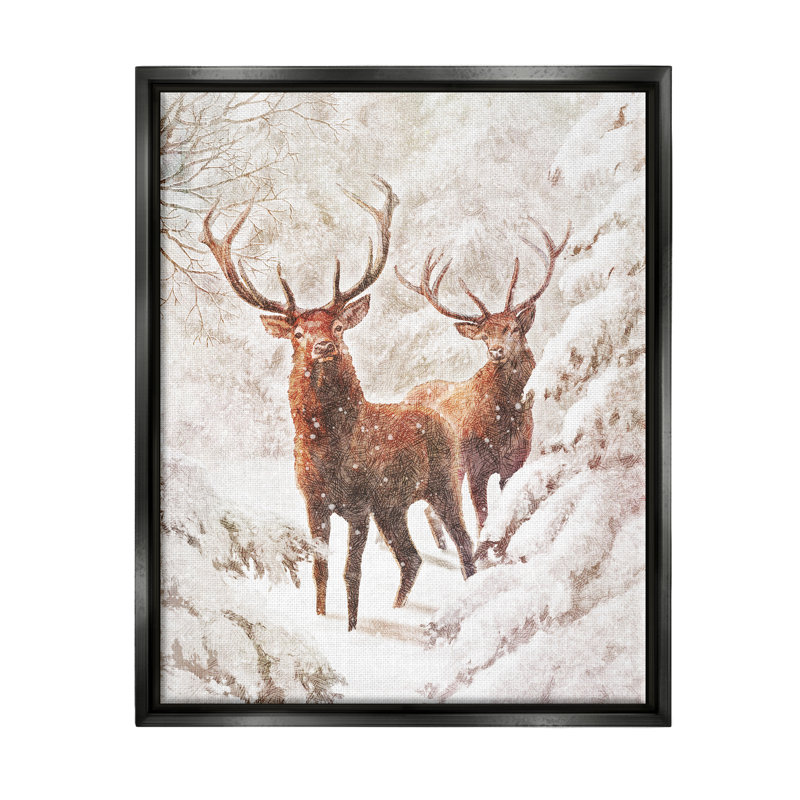 Elks Snowy Forest Wildlife par Pip Wilson, Cadre flottant noir de jais, H 21 po x l 17 po x P 1,7 po
