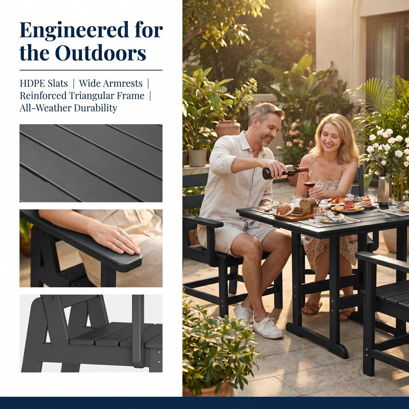 7 pièces-Table et chaises d'extérieur en PEHD avec trou pour parasol, Gris