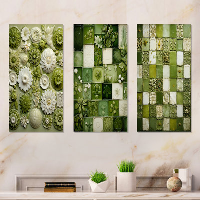 Botanicals Green Floral Tiles I - Abstract Botanicals Metal Wall Art Set Of 3