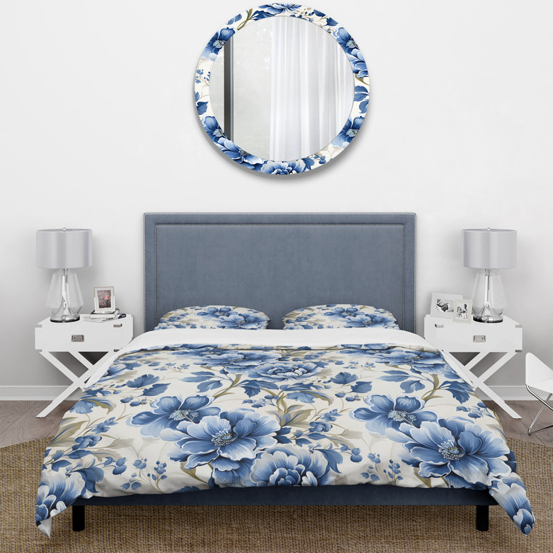 Cobalt Blue Neo Classical Victorian Pattern III Floral Duvet Cover, Twin Duvet Cover + 1 Standard Sham