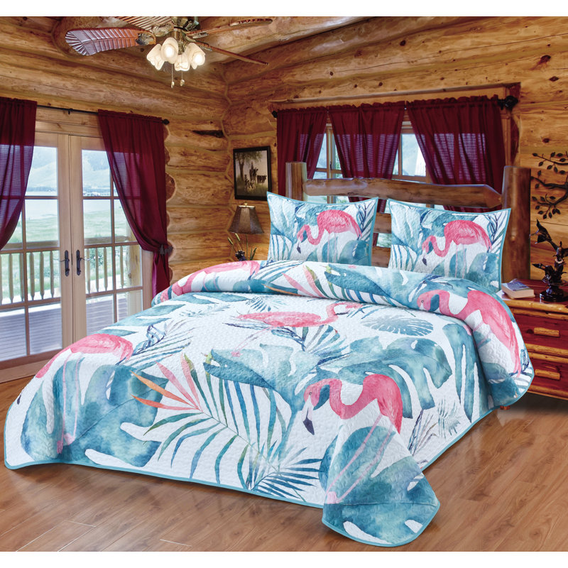 Coastal Living Pink Flamingo & Aqua Palms Tropical Beach Vibes Decorative Quilt Bedding Set, Queen Quilt + 2 Standard Shams