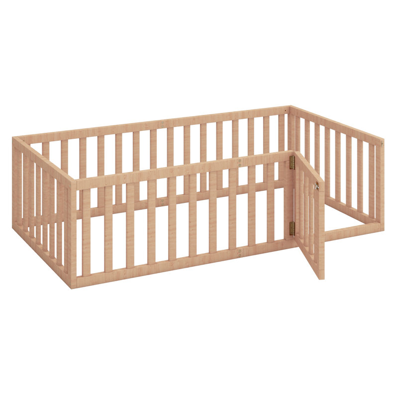 Structure de lit en bois avec clôture et porte, Lit simple, Naturel
