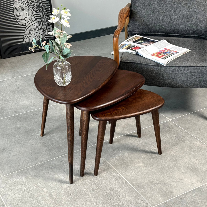 Chestnut Round Walnut and Beech Nesting Tables Set