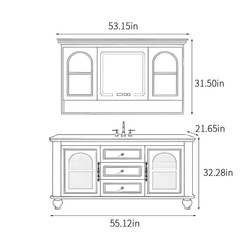 Armoire de salle de bain de style rétro français de luxe, H 32,28 po x l 55,12 po x P 21,65 po, Noir, noir, noir, noir