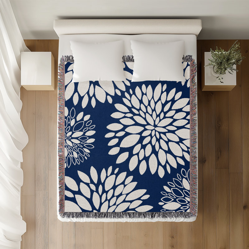 Jeté floral en coton, 50 x 60, Marine