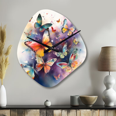 Purple Butterflies In The Air - Butterfly Unique Shape Metal Clock, Modern Asymmetrical Wall Clock Print