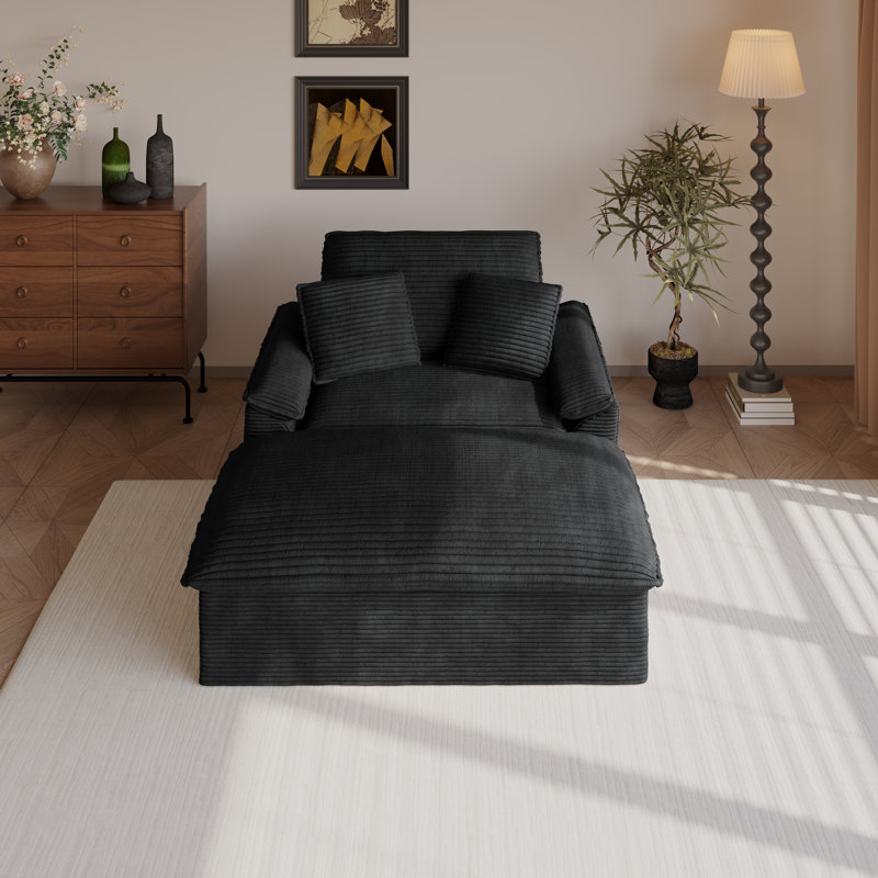 Chaise longue rembourrée avec repose-pieds Corduroy, Noir