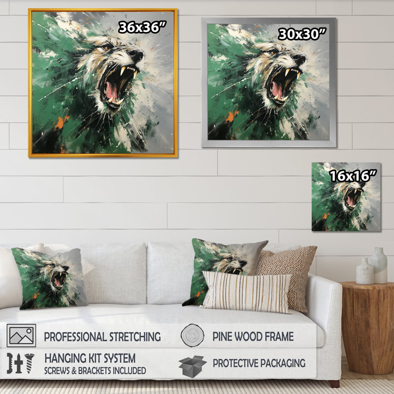 Décoration murale en forme de lion vert vert, Toile tendue, H 30 po x l 30 po x P 1,5 po