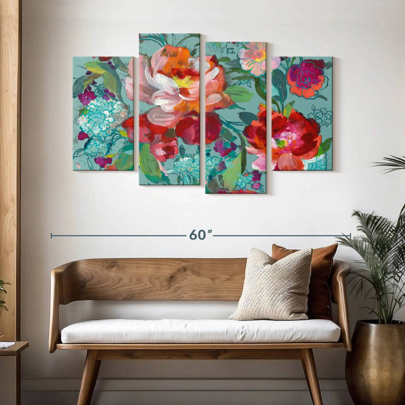 Mélange floral vif turquoise, H 32 po x l 52 po