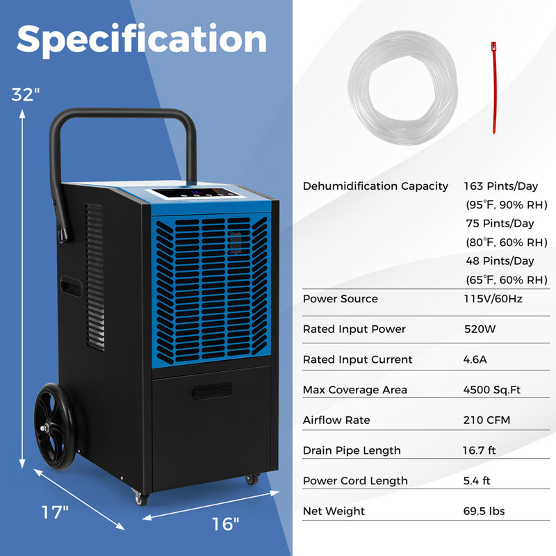 Costway 163 Pints Commercial Dehumidifier With Pump & Drain Hose Heavy Duty Dehumidifier, Blue