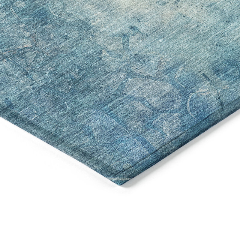 Tapis bleu intérieur / extérieur lavable à la machine Xhevrie, Rectangle 10 pi x 14 pi