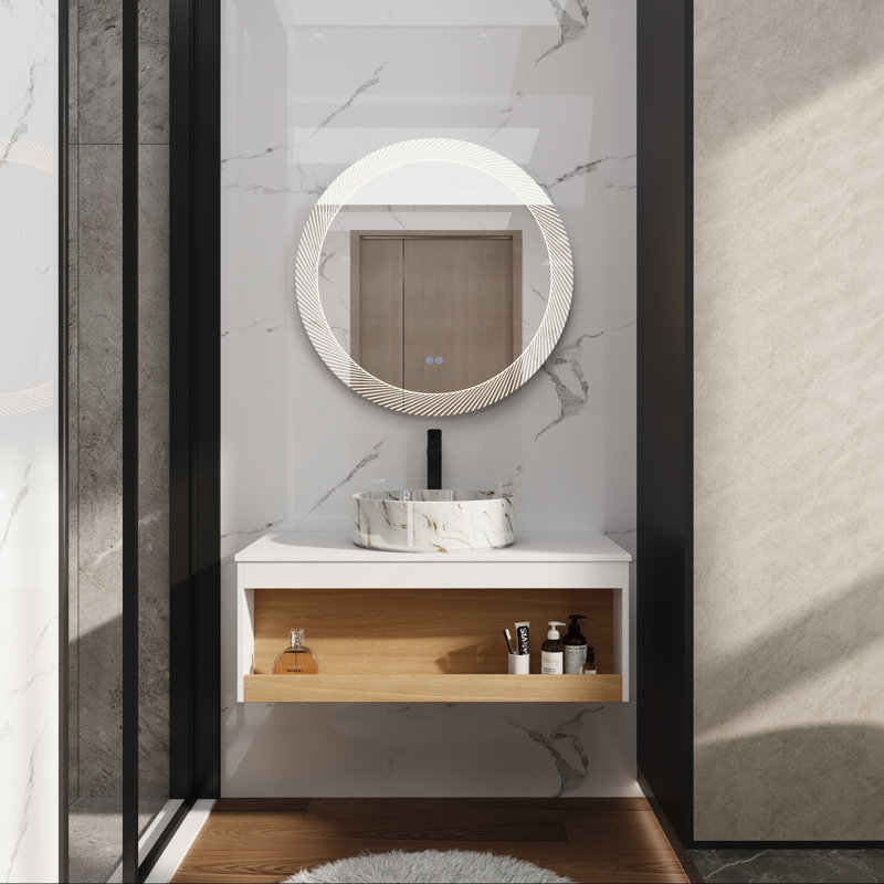 Meuble-lavabo mural 36 po avec lavabo rond et rangement ouvert, Golden Sand