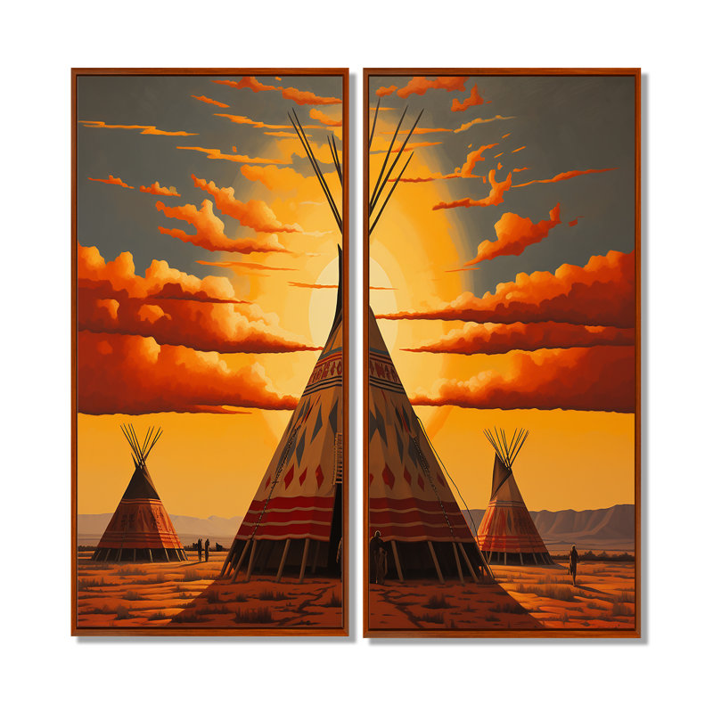 Native Tipi Orange Collage II - Global Canvas Wall Art, 20" H x 24" W, Brown, Floater Framed Print